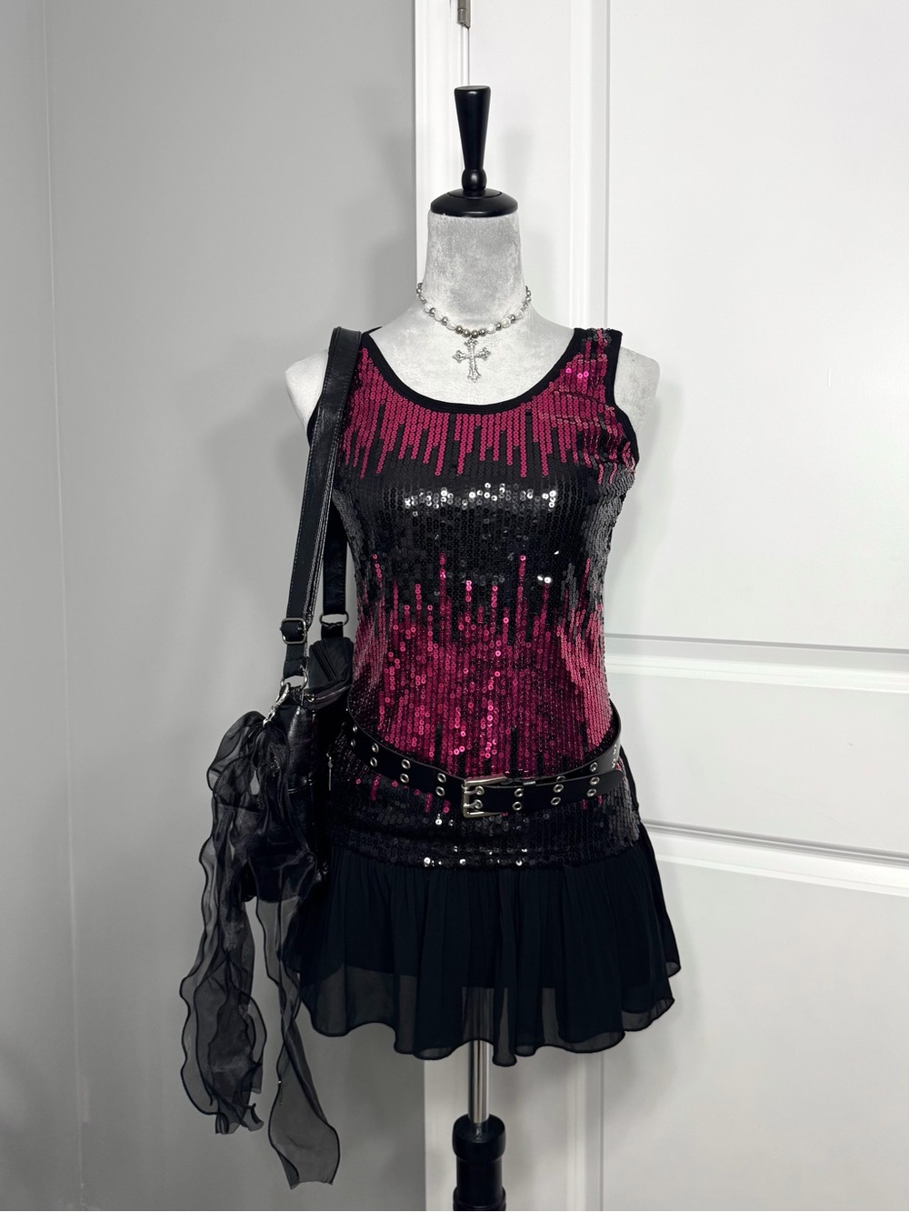 NWT Y2K Bitter Sweet Black & Pink Pixelated Sequin Tank Top